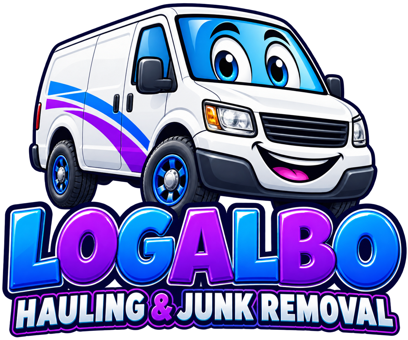 Logalbo Hauling and Junk Removal smiling white van logo with blue and purple lettering
